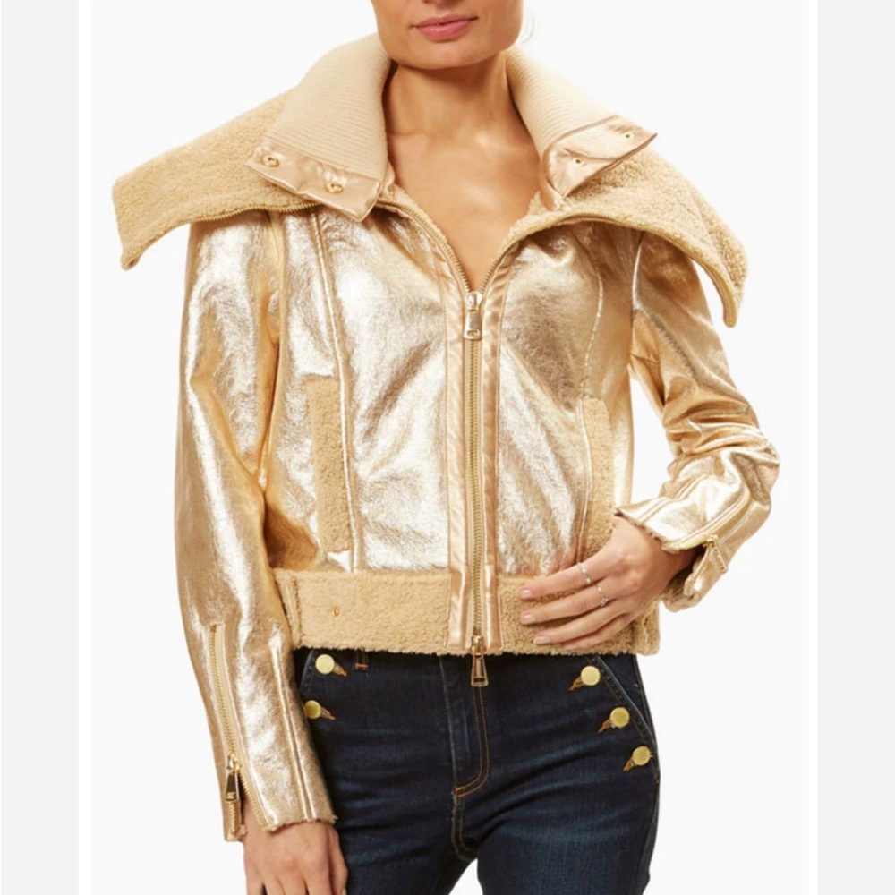 NWT Ramy Brook Montana shearling Jacket in Gold Cream Sz M